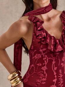 Glamine Women's Velvet Burnout Halter Neck Ruffle Trim Cinched Waist Camisole Top, Elegant Burgundy Color, Suitable For Outings, Dates, And Parties - Burgundy - View 5