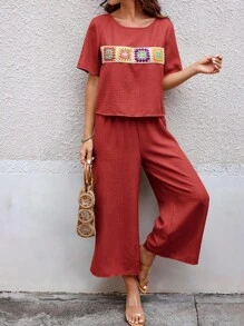 SHEIN LUNE 2pcs Women Bohemian Style Patchwork Short Sleeve Set - Redwood - View 3