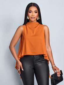 SOLERSUN Women's Spring Summer Vacation Holiday Solid Color Elegant Asymmetric Hem Sleeveless Blouse - Rust Brown - View 5