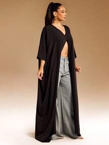 Vixey Blusa larga de gasa con hombros caídos, mangas sueltas y bajo con abertura - Negro - Ver 2