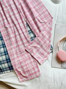 SHEIN 3pcs Women's Casual Satin Bow Elastic Waist Plaid Print Pajama Pants, Sleepwear Plaid Pants, Fall Clothes Cozy And Elegant Details, Winter