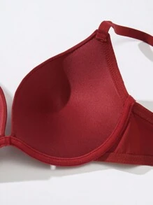 1 件女士简约纯色钢圈文胸 - 酒紅色 - 查看 4