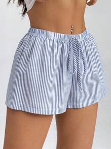 SHEIN PETITE Women's Casual Blue Striped Mini Shorts With Drawstring