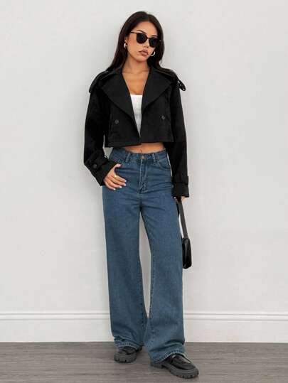 SHEIN PETITE Cortavientos corto de unicolor para damas en otoño/invierno