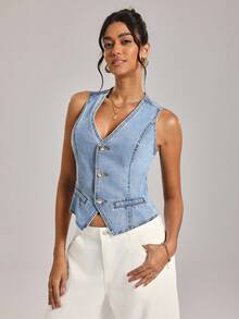 SHEIN Tall 女士休闲纽扣无袖牛仔背心 - 藍色 - 查看 3