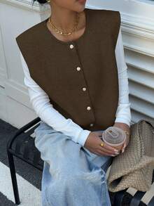 Siren Gaze Áo len cardigan len màu mơ đơn sắc ngắn tay cho nữ, áo khoác len cài nút kim loại - màu nâu - Xem 4
