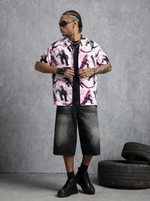 GODZILLAxKONG X SHEIN 男士休闲街头度假风格怪物和字母印花翻领短袖宽松衬衫，夏季 - 白色 - 查看 3