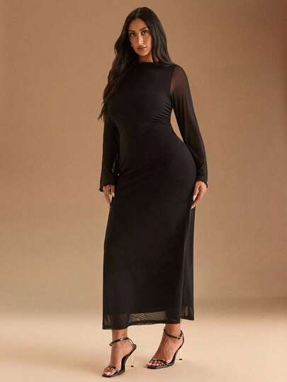 SHEIN BAE Plus Size Women's Spring & Summer High Street Black Mini Short Dress, Suitable For Daily, Simple & Elegant Daily Dress, Wedding Dress, Bridesmaid Dress,Cocktail Dress,,Long Dress/Winter /Fall Clothes For Women