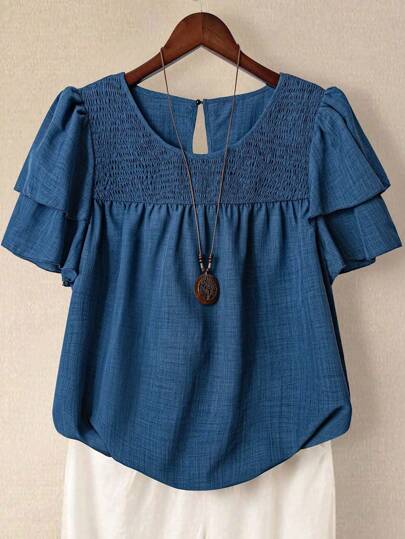 Linhara Camisa casual de mujer de talla grande de unicolor con cuello redondo y manga corta de doble capa, blusa casual plisada versátil y de moda para el verano y vacaciones