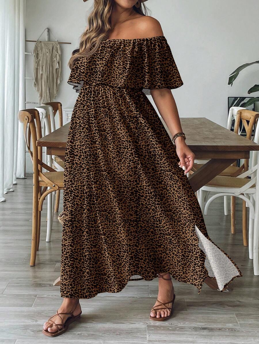 SHEIN VCAY Plus Size Brown Leopard Print Off Shoulder Loose A-Line Dress, Casual Holiday Beach Dress Chic Dress - Multicolor - View 1