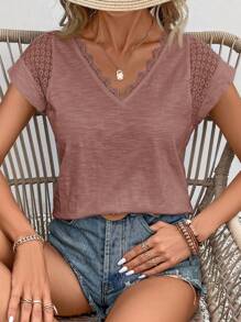 SHEIN Frenchy 女士V领短袖蕾丝边休闲宽松夏季短袖T恤