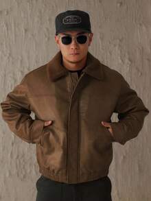 DAZY Men's Brown Leather Patchwork Collar Thick Insulated Jacket, Winter - Brown - View 5