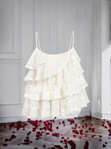 SHEIN MOD Plus Size Women Ruffled Sequin Decor Cami Top, Apricot Party Blouse,Rave Festival,Date Night,Carnival,Going Out Tops. White Lace Top. Ruffled Top