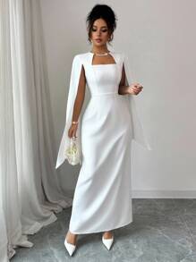 Elenzga Đầm suông cổ vuông thanh lịch cho nữ, tay áo đính ngọc trai, thích hợp cho đám cưới, tiệc tùng, lễ hội âm nhạc, mùa xuân và mùa thu - trắng - Xem 3