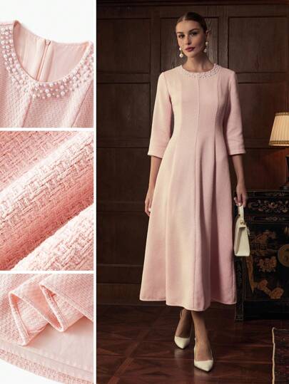 ZEYLAH שמלת נשים אלגנטית עם צווארון עגול וצווארון 3/4 עם שרוולים עד אמצע השוק