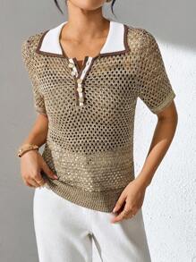 Modelyn Asymmetrisches Strick-Poloshirt mit Umlegekragen in verschiedenen Farben, kurzärmlig, Sommer, Cut Out