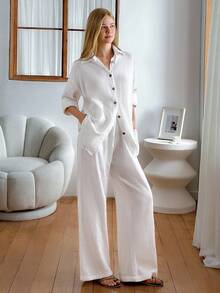 EURMUSE 2 Pcs, Cotton, Long Sleeve Shirt And Straight Fit Pants - White - View 4