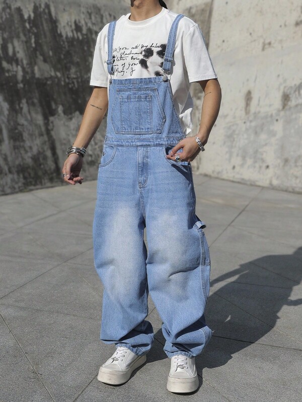 Manfinity EMRG Men's Casual Denim Bib Overalls, Minimalist & Fashionable For Daily Wear College Going Out Urban Hang Out