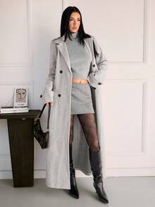 SHEIN Tall 女士时尚双排扣加长大衣，秋冬 - 灰色 - 查看 1