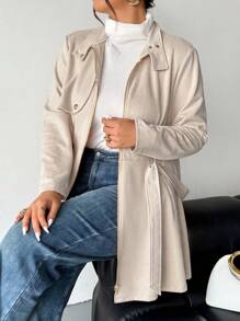 Firerie Plus Size Women's Cinched Waist A-Line Suede Fabric Beige Trench Coat, Loose Fit Midi Length Jacket; Suitable For Valentine's Day, Concerts, Performances, Dates, Formal Dinners, Galas, Weddings, Sexy, Elegant, Commute, Back To School, Romantic, Office Diva, Mermaid Style, Birthday Party/Slightly Elastic Waist Umbrella-Style Long-Sleeved Trench Coat Autumn Winter Clothes For Women