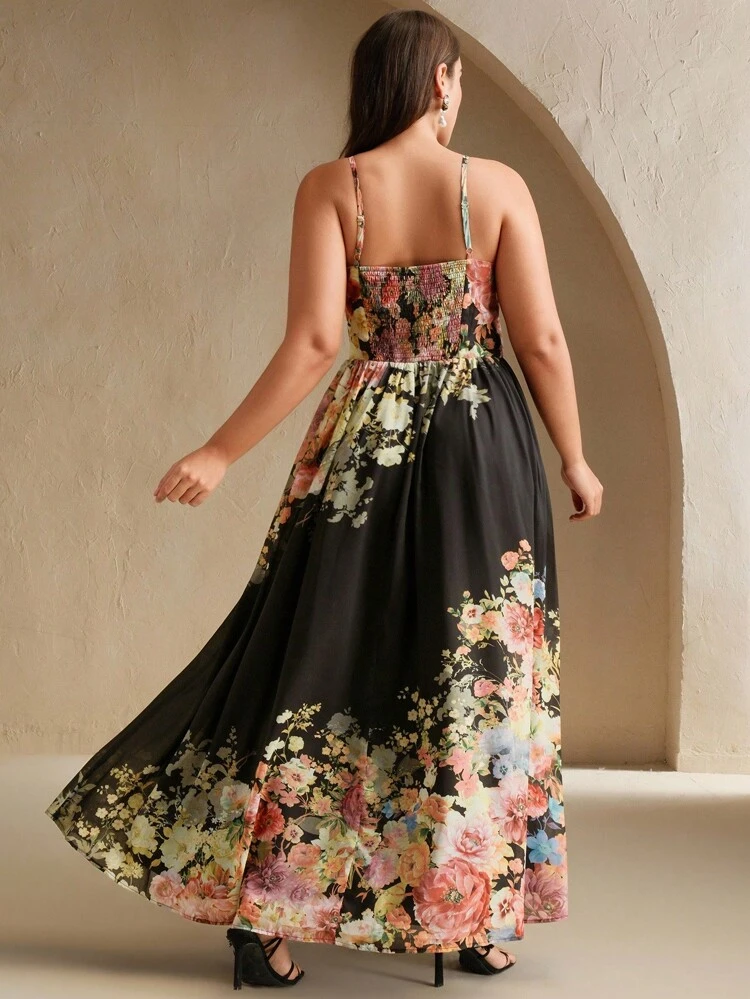 Plus Size Floral Print High Waist Slim Fit Dress