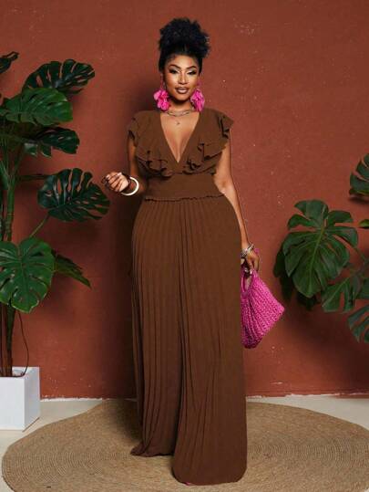 Maweii 大码女式深 V 领荷叶袖褶皱连体裤，优雅日常通勤休闲