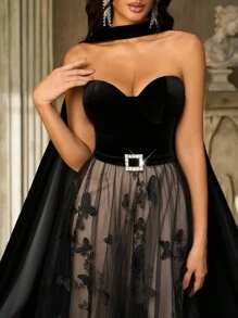 Aureia 优雅奢华刺绣蕾丝和天鹅绒拼布喇叭裙，适合婚礼、派对、度假、舞会、正式活动（重刺绣），黑色 - 黑色 - 查看 4