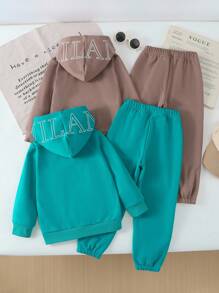 SHEIN 4 件套女童休闲百搭通勤纯色字母卫衣套装，适合日常穿着、外出、上学和任何场合 - 彩色 - 查看 2