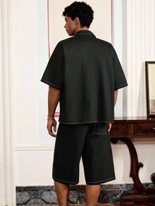 SWAVVY Men's Casual Loose Vintage Style Shirt & Shorts Set, Summer - Black - View 2