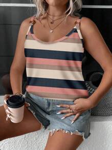 EMERY ROSE Débardeur sans manches décontracté à imprimé rayé coloré avec décoration d'anneau rond, adapté pour les vacances et les loisirs de printemps/été, tailles grandes
