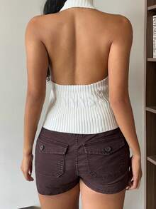 SHEIN EZwear 女士时尚扭纹针织高领无袖露背上衣 - 白色 - 查看 2