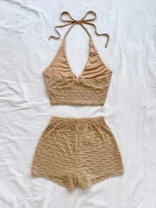 Soleia 女士针织纹理露背两件套，性感派对约会夜海滩度假夏季服装，适合节日约会、下午茶、婚礼季节、海滩邮轮度假、城市公路旅行度假、波西米亚风度假、音乐节 - 卡其色 - 查看 2