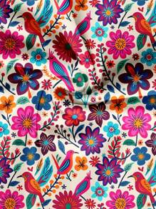 EMERY ROSE Plus Size Women's Daily Casual Elegant Retro Holiday Style Tropical Floral Retro Pattern Round Neck Double Layer Cap Sleeve Loose Shirt, Women's Summer Clothing, Women's Vacation Clothing, Women's Summer Clothing, Women's Going Out Tops,Flower/Spring - Multicolor - View 5