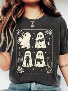 EMERY ROSE Plus Size Women Halloween Casual Crew Neck T-Shirt - Dark Grey - View 3