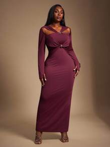 Radiana 大码女式优雅修身长袖束腰连衣裙，适合派对和聚会 - 紅色 - 查看 6