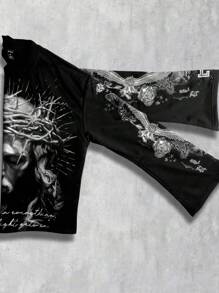 ROMWE MEN Goth Men's Streetwear Graphic Print Pullover T-Shirt, Suitable For Spring/Summer, Fall, 2000s Style