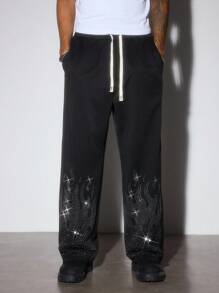 ROMWE MEN Street Life Pantalon de survêtement à jambe droite pour hommes avec un design effet flamme et strass dans un style américain de rue - Noir - Voir 5