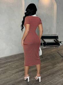 SHEIN SXY Vestido polo casual de mujer de manga corta a rayas, vestido de punto ajustado de longitud media, vestido elegante francés