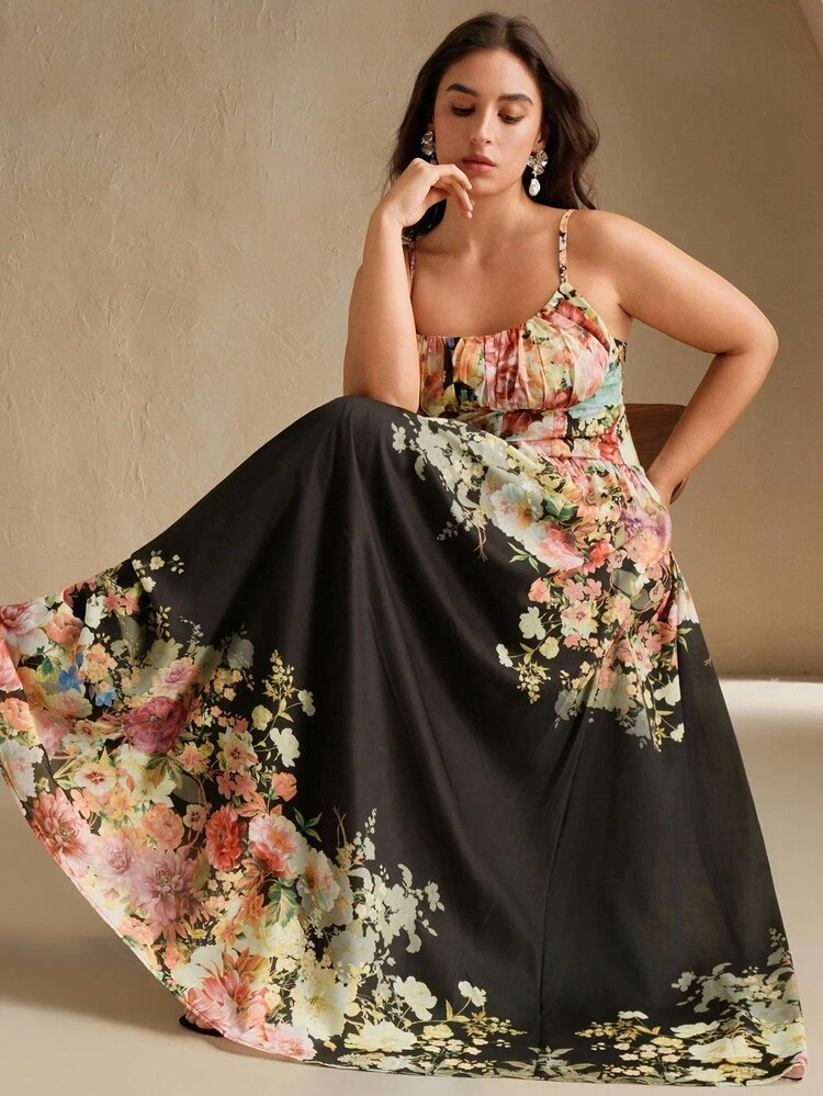 Plus Size Floral Print High Waist Slim Fit Dress