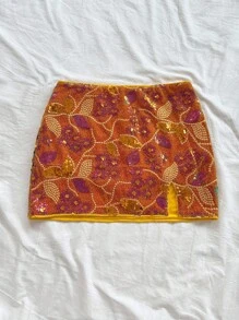 Soleia WYWH 度假浪漫派对复古西式橙色闪光刺绣低腰高开衩迷你裙女士 - 橘色 - 查看 4