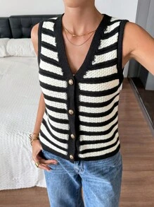 SHEIN Frenchy Women's Casual Fashionable Versatile Striped Button-Front Knit Sweater Vest Knit Top Sweater Tank Top Women Sweater Vest For Women Knitted Top Striped Knit Vest Women Knit Vest ,Suitable For Daily Commuting. Autumn Layering, Autumn And Winter New Arrivals.,For Everyday Wear And Back To School, Fall Women Clothes,Cute Tops,Going Out Tops Women,Old Money Style Women,Homecoming Sweater ,All-Season - Multicolor - View 5