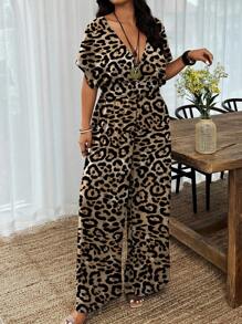 EMERY ROSE Plus Size Leopard Print Jumpsuit For Summer Vacation - Multicolor - View 3