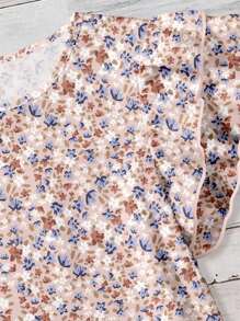 EMERY ROSE 大码女装日常休闲优雅复古度假风热带花卉图案圆领双层小飞袖宽松衬衫，女装夏装，女装度假服装，W