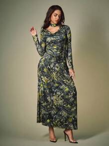 ORANGE STUDIO Women's Long Dress With Autumn Leaf Camouflage Pattern, Winter Long Sleeve Maxi Dress Women Green Floral Dress Women Floral Maxi Dress Printed Maxi Dress Long Sleeve Floral Dress - Army Green - View 3