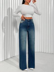 EURMUSE 低腰水洗细节直筒牛仔裤 - 中等水洗藍 - 查看 6