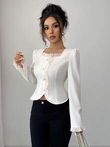 Elenzga Nouvelle blouse élégante à manches longues avec col carré et volants, couleur unie, automne