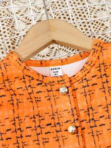 SHEIN Young Girl Plaid Long Sleeve Single-Breasted Jacket, Long Sleeve Top And Mini Skirt Fashion Set Orange Two Piece Set Kids Kids Two Piece Jacket With Skirt Tween Orange Outfit Orange Girl Outfit Orange Kids Skirt Set Fall Winter - Orange - View 4