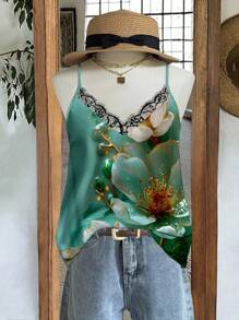 EMERY ROSE 大码女式休闲印花V领蕾丝边吊带背心套装，适合度假，大码夏季服装绿色印花蕾丝吊带背心，适合外出 - 彩色 - 查看 1