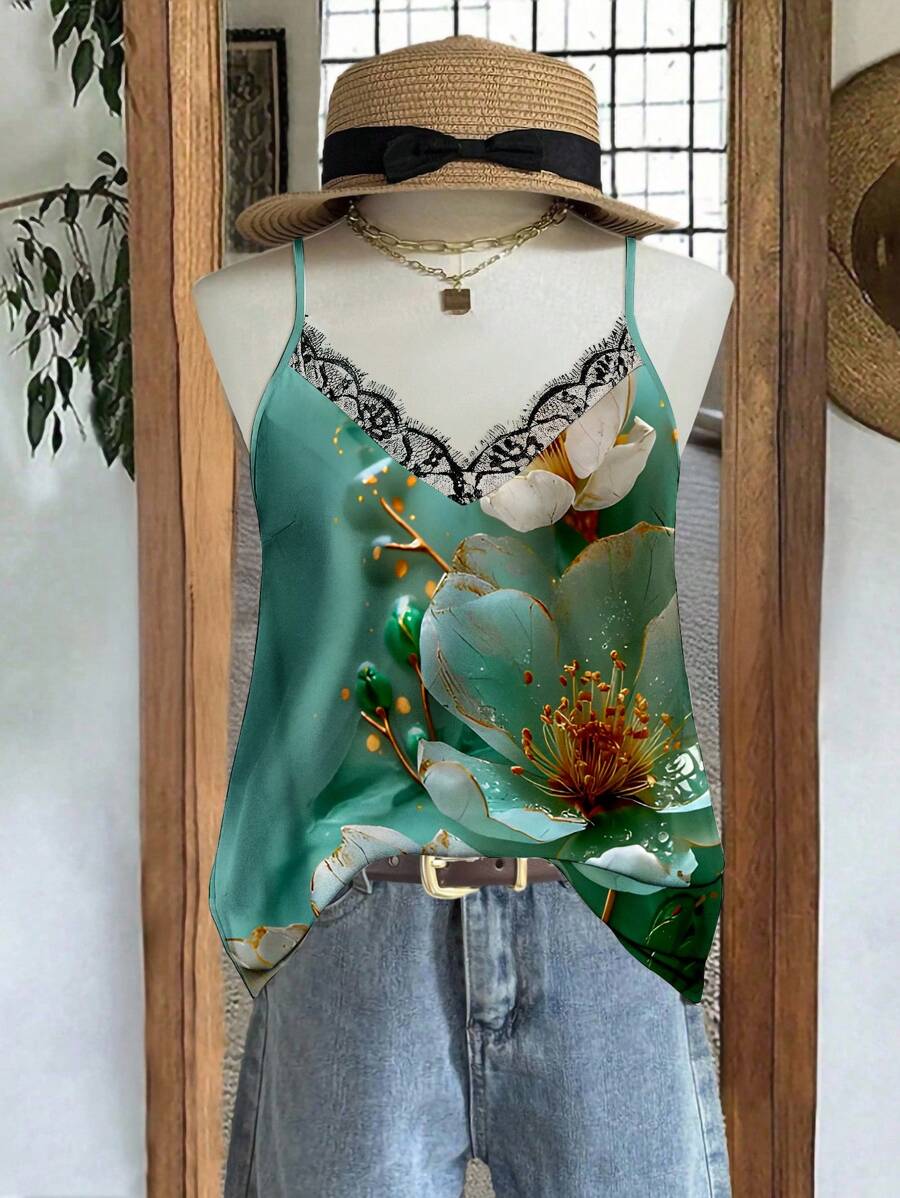 EMERY ROSE 大码女式休闲印花V领蕾丝边吊带背心套装，适合度假，大码夏季服装绿色印花蕾丝吊带背心，适合外出 - 彩色 - 查看 1