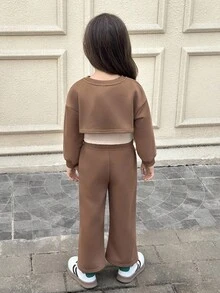 SHEIN Bộ ba món áo ba lỗ cổ tròn in họa tiết thể thao thường ngày cho bé gái & áo & quần dài ống rộng, trang phục thu đông, trang phục thường ngày, mùa tựu trường, trang phục mùa thu - màu nâu - Xem 8